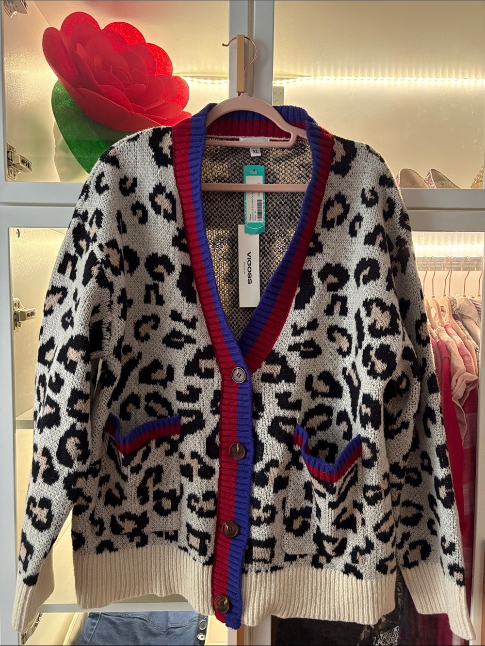 Vigoss Black & White Leopard Cardigan with Blue and Red Trim